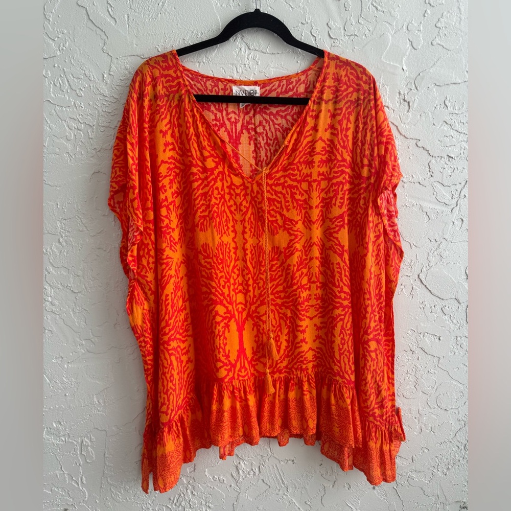 EUC NVELOP SUN Orange UPF 50+ Tassel Swim Sunscreen Cover-up Tunic Top Size S/M